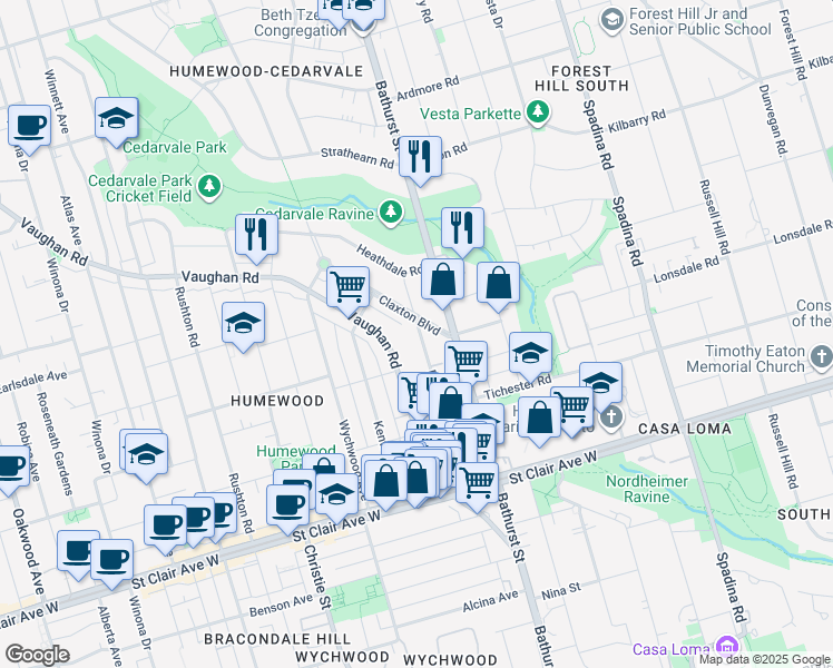 map of restaurants, bars, coffee shops, grocery stores, and more near 130 Raglan Avenue in Toronto