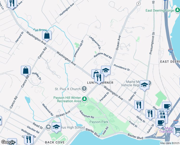 map of restaurants, bars, coffee shops, grocery stores, and more near 855 Washington Avenue in Portland