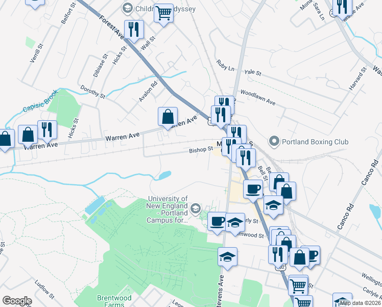 map of restaurants, bars, coffee shops, grocery stores, and more near 72 Bishop Street in Portland