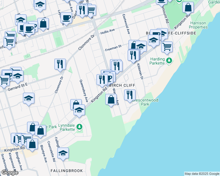 map of restaurants, bars, coffee shops, grocery stores, and more near in Toronto