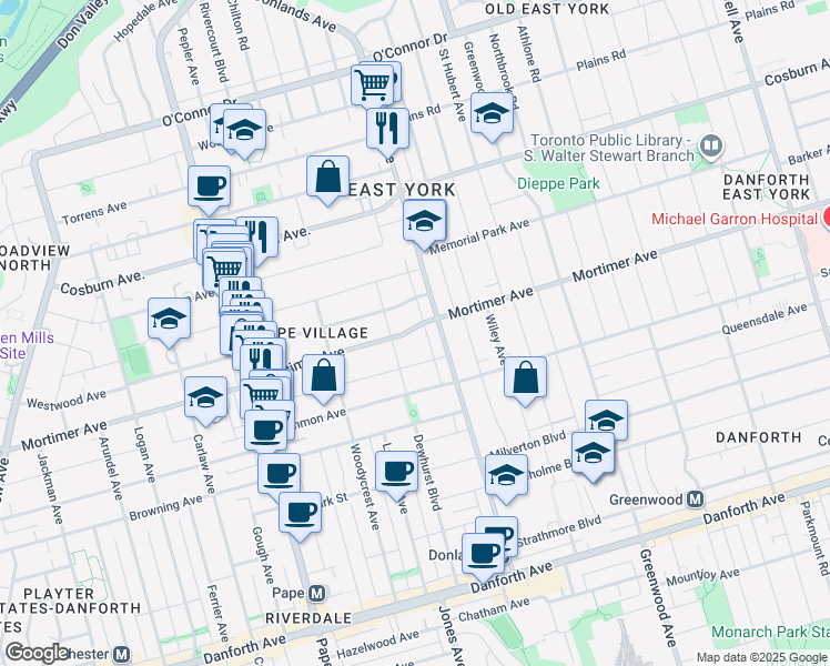 map of restaurants, bars, coffee shops, grocery stores, and more near in Toronto