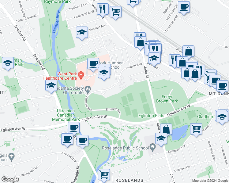 map of restaurants, bars, coffee shops, grocery stores, and more near 75 Emmett Avenue in Toronto