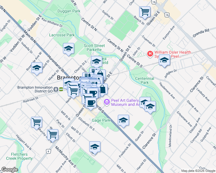 map of restaurants, bars, coffee shops, grocery stores, and more near in Brampton