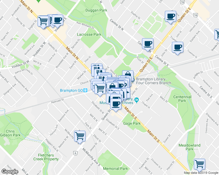 map of restaurants, bars, coffee shops, grocery stores, and more near 82 Main Street North in Brampton