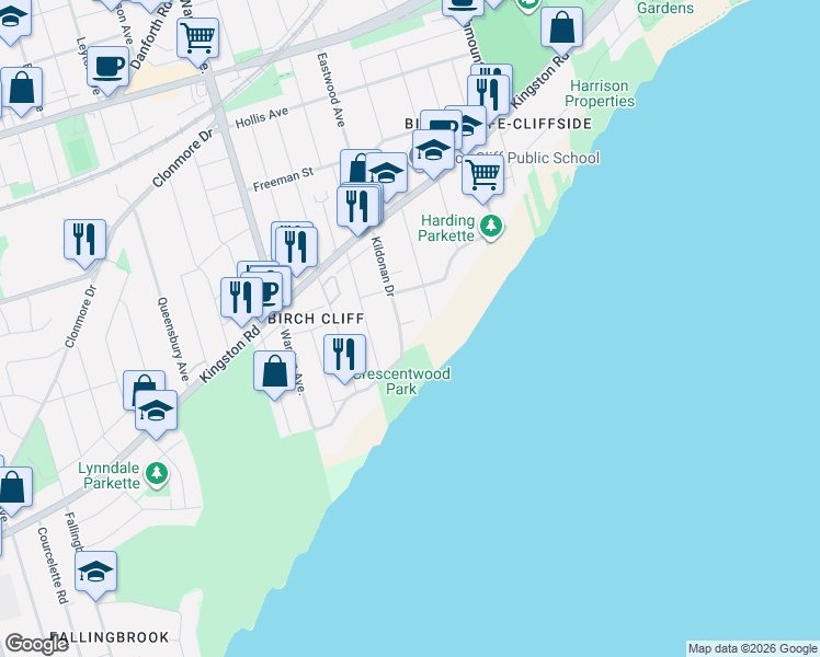map of restaurants, bars, coffee shops, grocery stores, and more near 3 Dault Road in Toronto