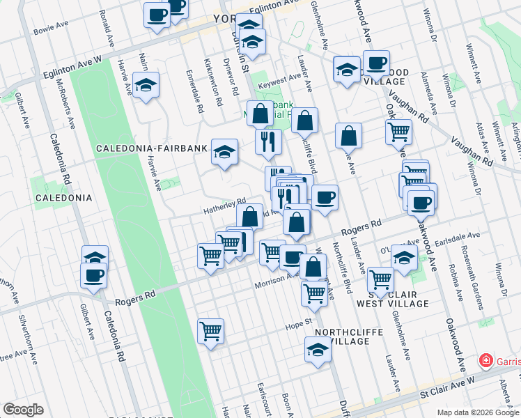 map of restaurants, bars, coffee shops, grocery stores, and more near in Toronto