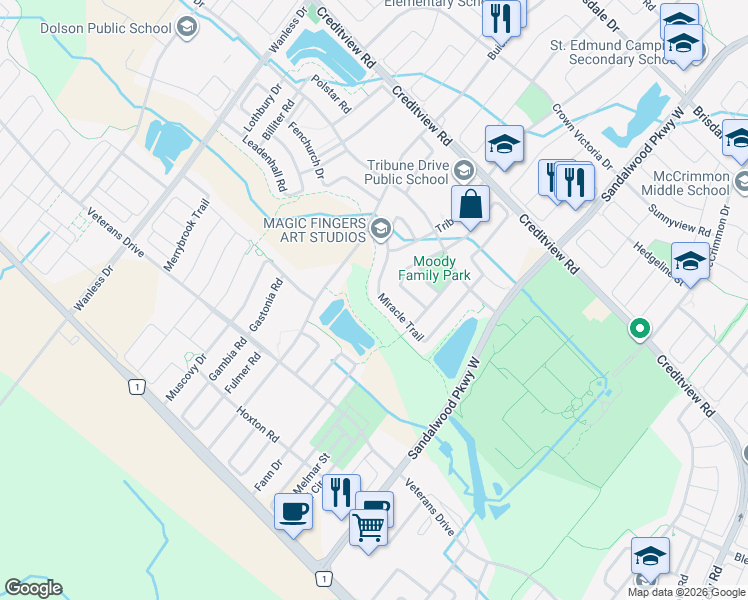 map of restaurants, bars, coffee shops, grocery stores, and more near 80 Miracle Trail in Brampton