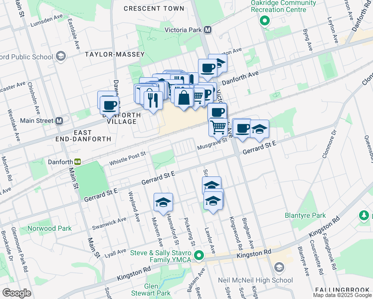 map of restaurants, bars, coffee shops, grocery stores, and more near 6 Philpott Gardens in Toronto