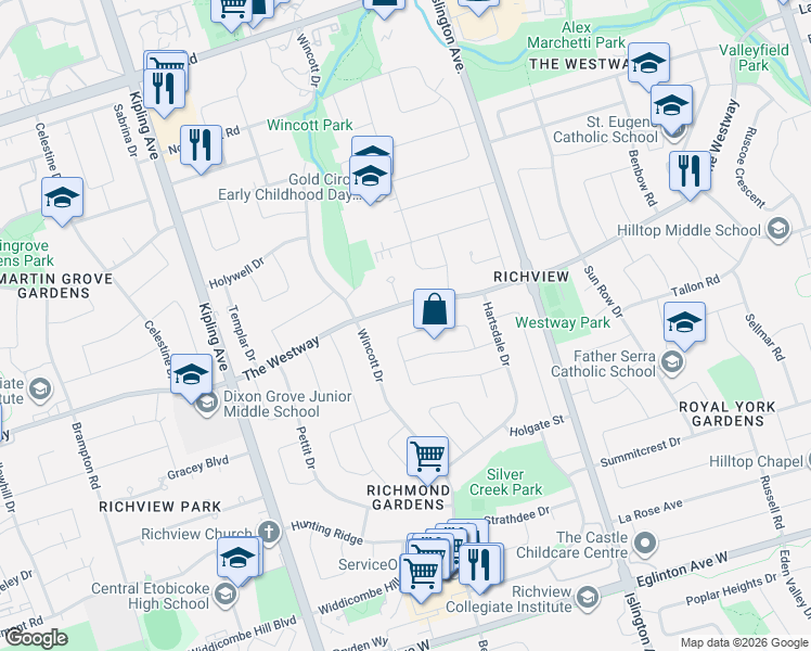 map of restaurants, bars, coffee shops, grocery stores, and more near in Toronto