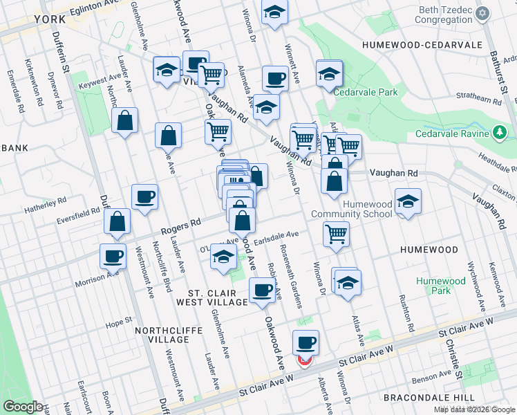 map of restaurants, bars, coffee shops, grocery stores, and more near 209 Robina Avenue in Toronto