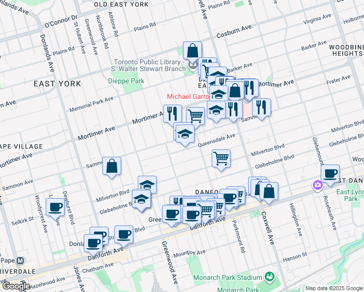 map of restaurants, bars, coffee shops, grocery stores, and more near 80 Queensdale Avenue in Toronto