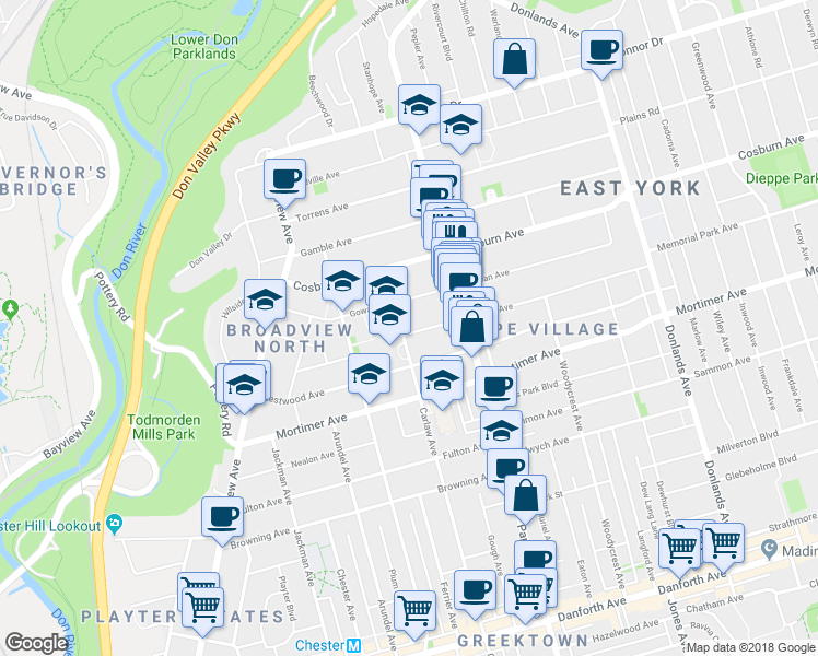 map of restaurants, bars, coffee shops, grocery stores, and more near 128 Floyd Avenue in Toronto