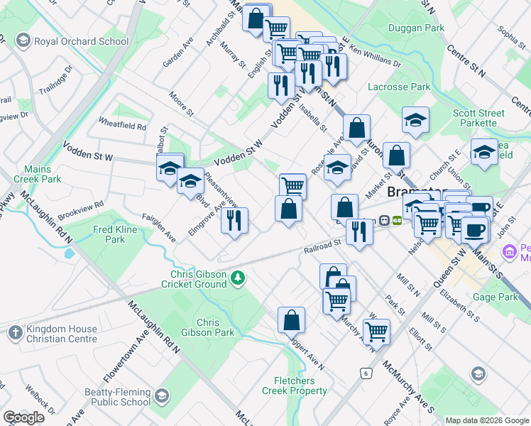 map of restaurants, bars, coffee shops, grocery stores, and more near 15 Nancy McCredie Drive in Brampton