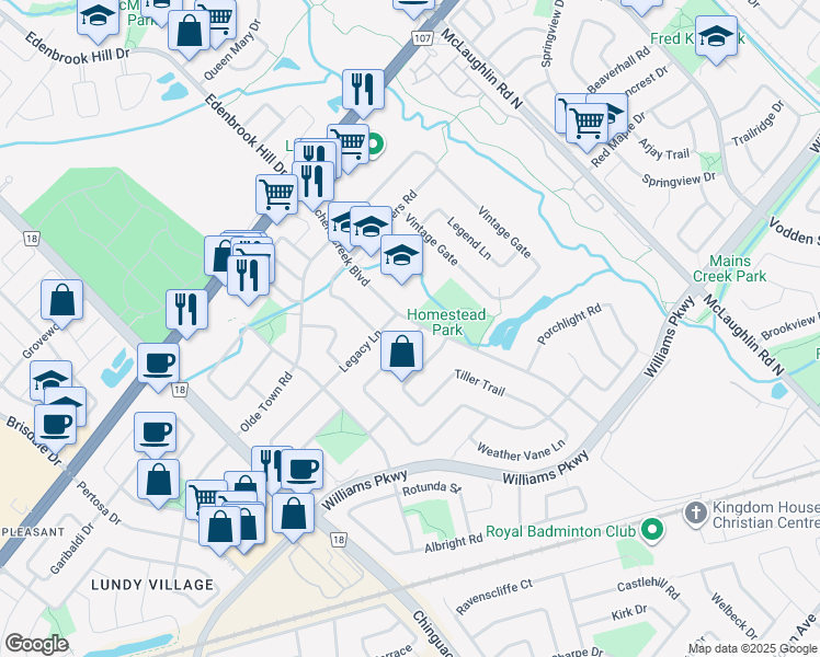 map of restaurants, bars, coffee shops, grocery stores, and more near 104 Fletchers Creek Boulevard in Brampton