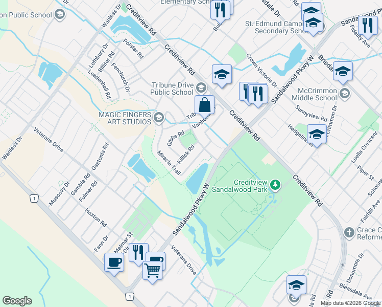map of restaurants, bars, coffee shops, grocery stores, and more near 13 Killick Road in Brampton