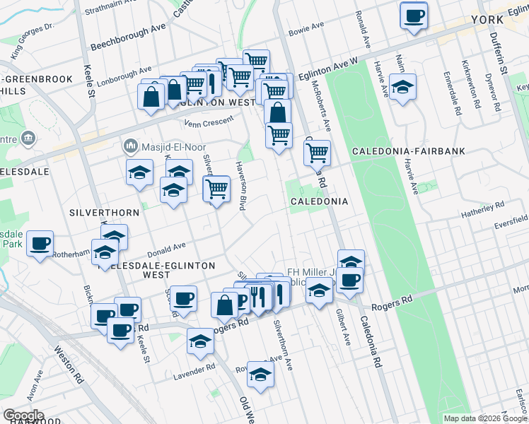 map of restaurants, bars, coffee shops, grocery stores, and more near 24 Dunraven Drive in Toronto