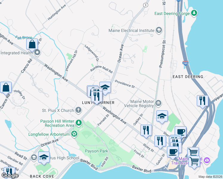 map of restaurants, bars, coffee shops, grocery stores, and more near 12 Cranston Street in Portland