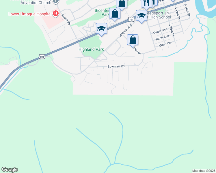 map of restaurants, bars, coffee shops, grocery stores, and more near 1900 Rowe Street in Reedsport