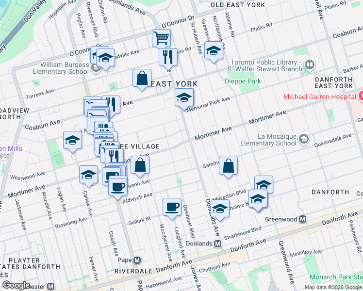 map of restaurants, bars, coffee shops, grocery stores, and more near 323 Mortimer Avenue in Toronto