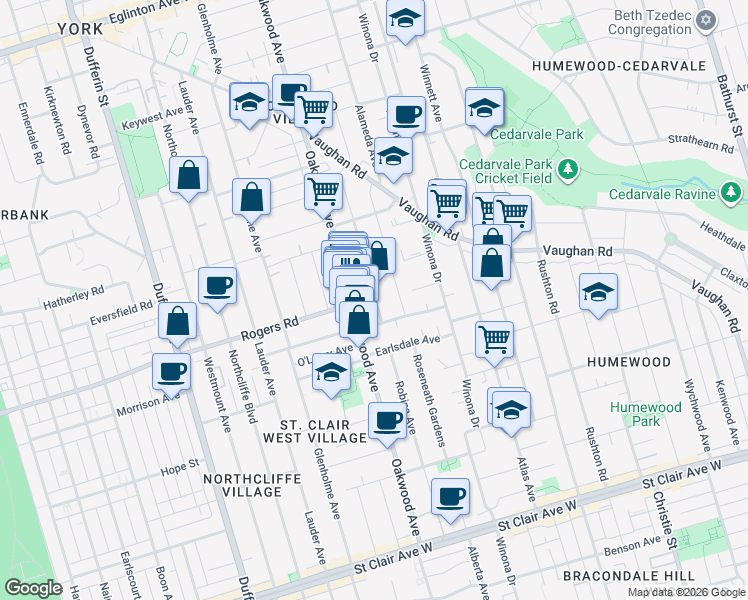 map of restaurants, bars, coffee shops, grocery stores, and more near 218 Robina Avenue in Toronto