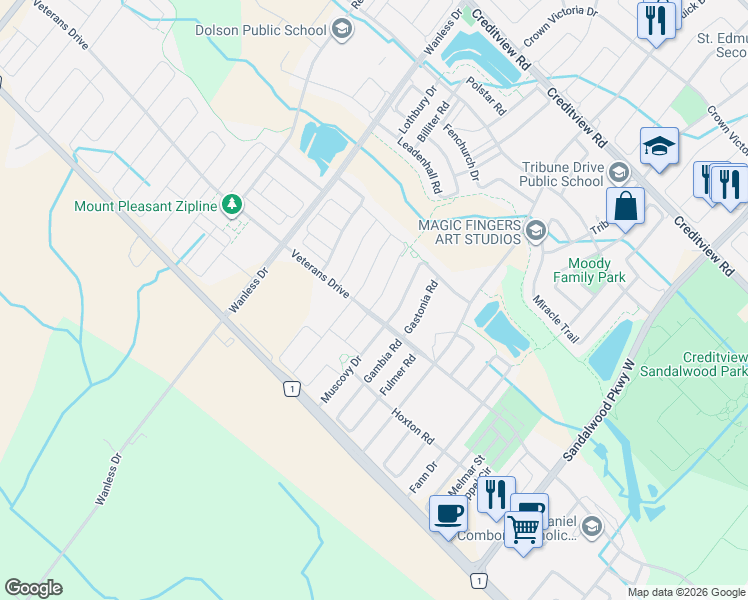 map of restaurants, bars, coffee shops, grocery stores, and more near 13 Pellegrino Road in Brampton