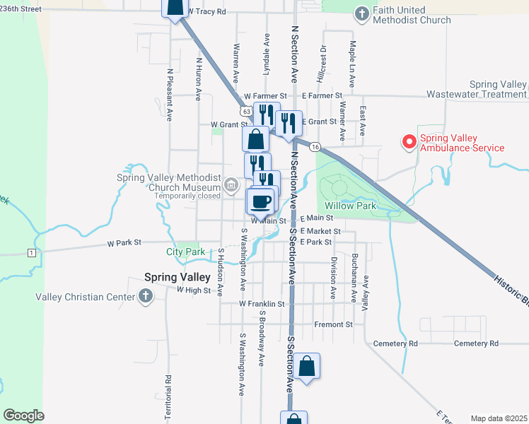 map of restaurants, bars, coffee shops, grocery stores, and more near 117 North Broadway Avenue in Spring Valley