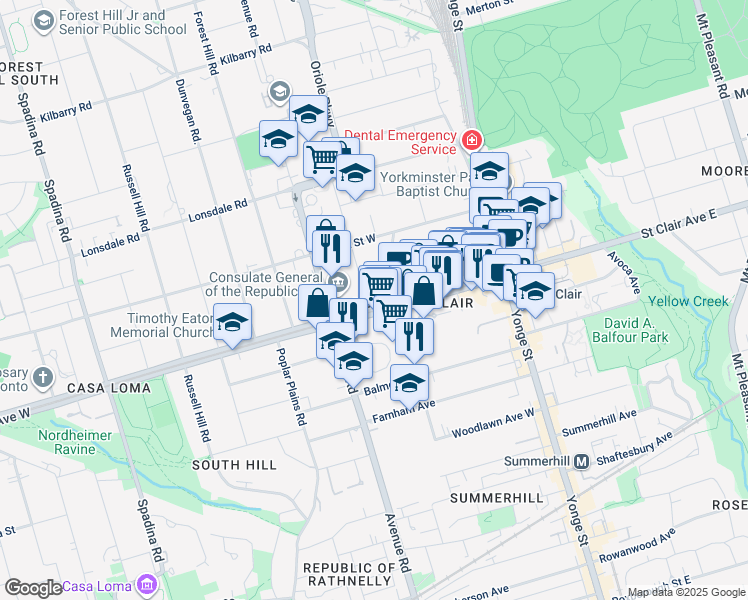map of restaurants, bars, coffee shops, grocery stores, and more near 1 Oriole Road in Toronto