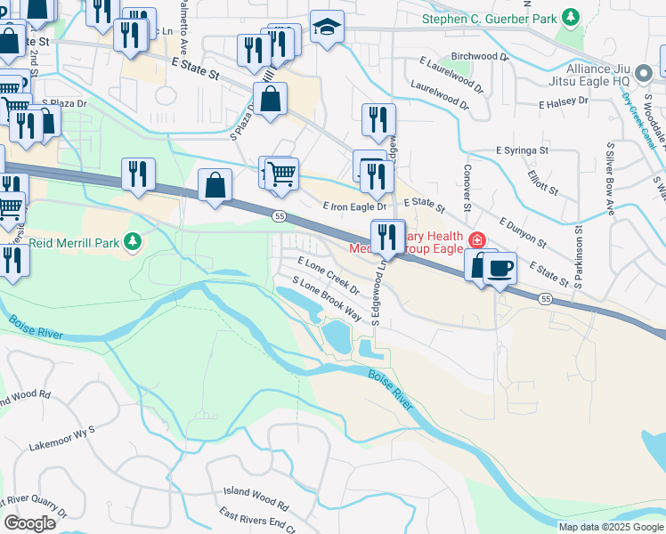 map of restaurants, bars, coffee shops, grocery stores, and more near 1290 East Lone Creek Drive in Eagle
