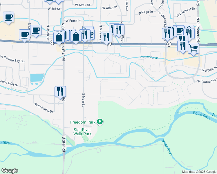 map of restaurants, bars, coffee shops, grocery stores, and more near 401 South Delphinium in Star