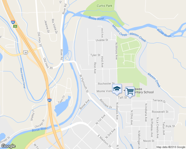 map of restaurants, bars, coffee shops, grocery stores, and more near 2016 Rice Avenue in Caldwell