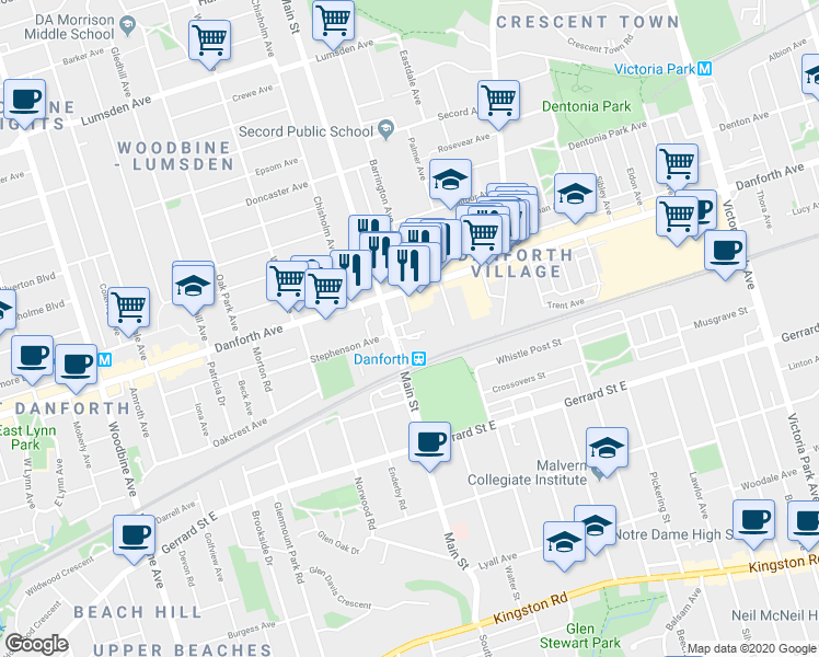 map of restaurants, bars, coffee shops, grocery stores, and more near in Toronto