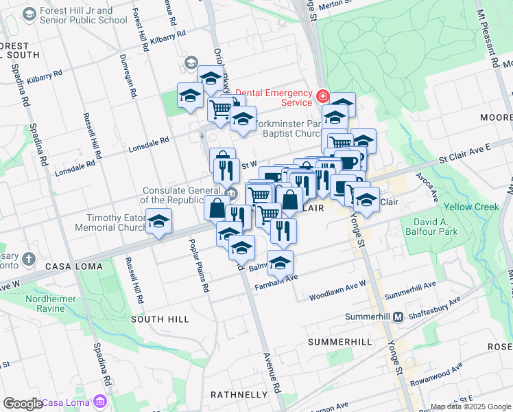 map of restaurants, bars, coffee shops, grocery stores, and more near 1 Oriole Road in Toronto