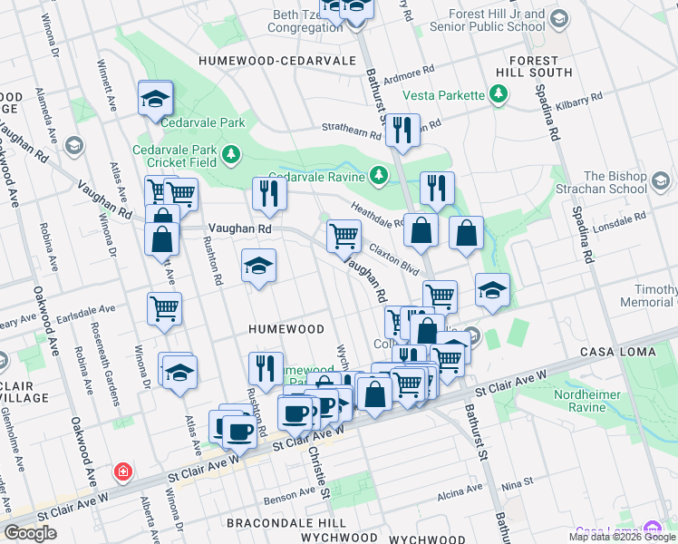 map of restaurants, bars, coffee shops, grocery stores, and more near in Toronto