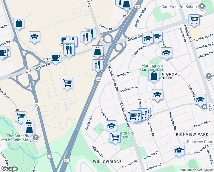 map of restaurants, bars, coffee shops, grocery stores, and more near in Toronto