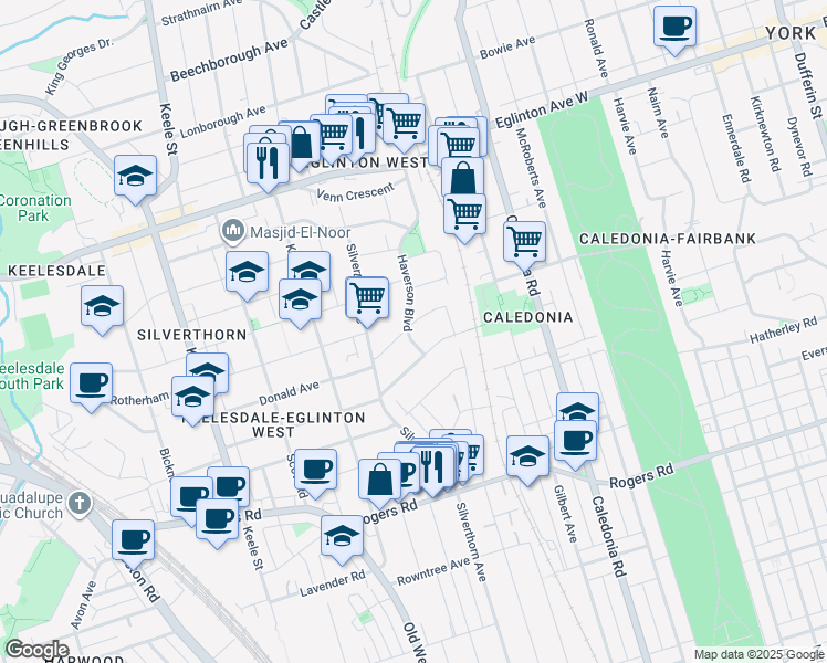 map of restaurants, bars, coffee shops, grocery stores, and more near 21 Haverson Boulevard in Toronto