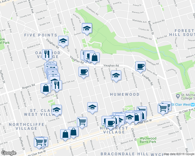 map of restaurants, bars, coffee shops, grocery stores, and more near 315 Arlington Avenue in Toronto