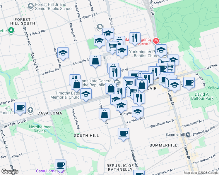 map of restaurants, bars, coffee shops, grocery stores, and more near 484 Avenue Road in Toronto