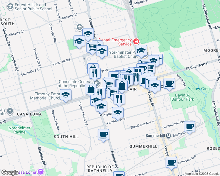 map of restaurants, bars, coffee shops, grocery stores, and more near 112 Saint Clair Avenue West in Toronto