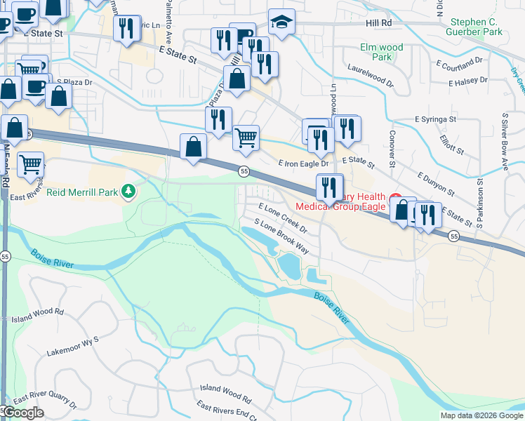 map of restaurants, bars, coffee shops, grocery stores, and more near 1192 East Lone Creek Drive in Eagle