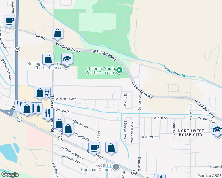 map of restaurants, bars, coffee shops, grocery stores, and more near 9801 West Arnold Road in Boise