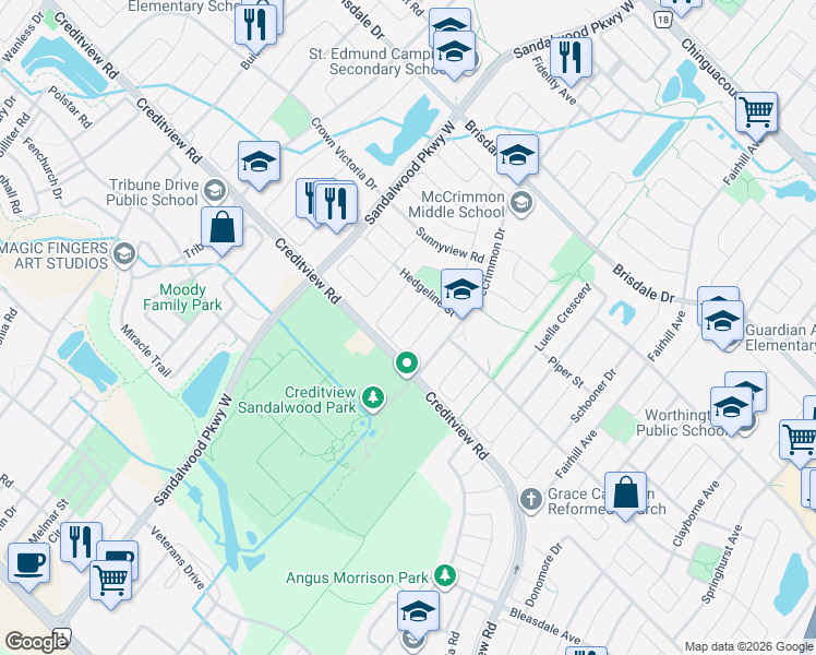map of restaurants, bars, coffee shops, grocery stores, and more near 11 Lockheed Crescent in Brampton