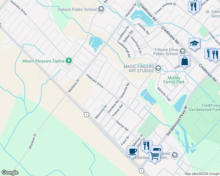 map of restaurants, bars, coffee shops, grocery stores, and more near 6 Pellegrino Road in Brampton