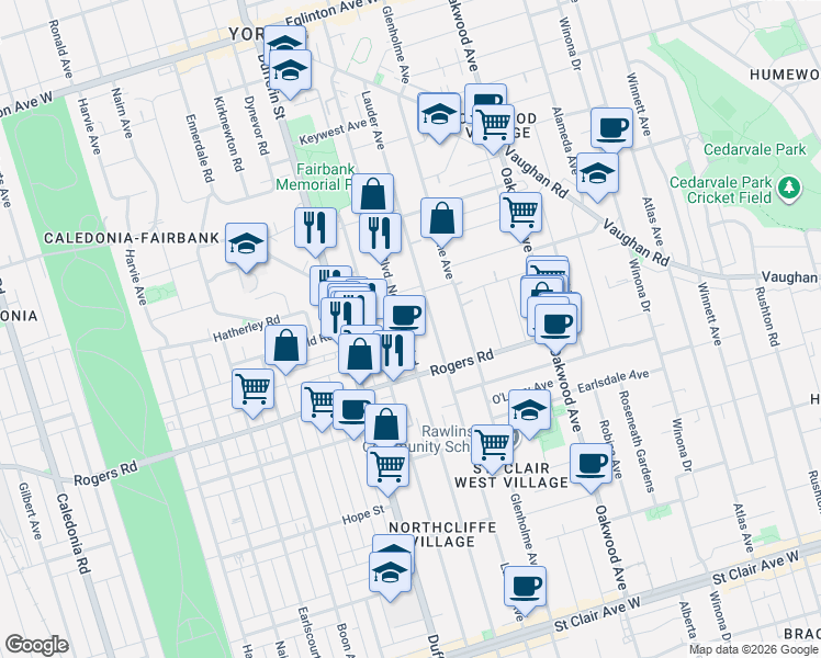 map of restaurants, bars, coffee shops, grocery stores, and more near 443 Northcliffe Boulevard in Toronto