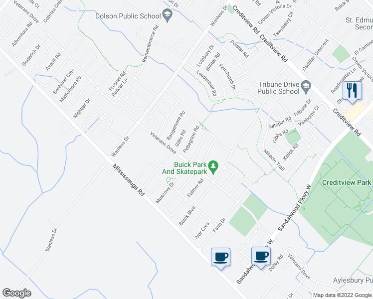 map of restaurants, bars, coffee shops, grocery stores, and more near 13 Pellegrino Road in Brampton