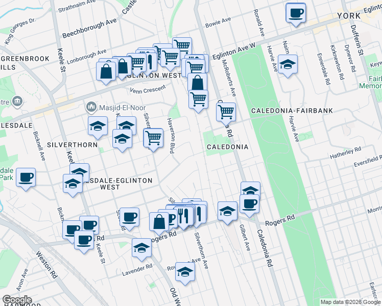 map of restaurants, bars, coffee shops, grocery stores, and more near in Toronto