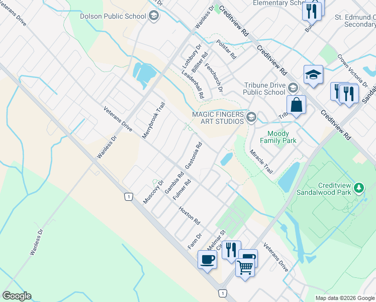 map of restaurants, bars, coffee shops, grocery stores, and more near 42 Monument Trail in Brampton