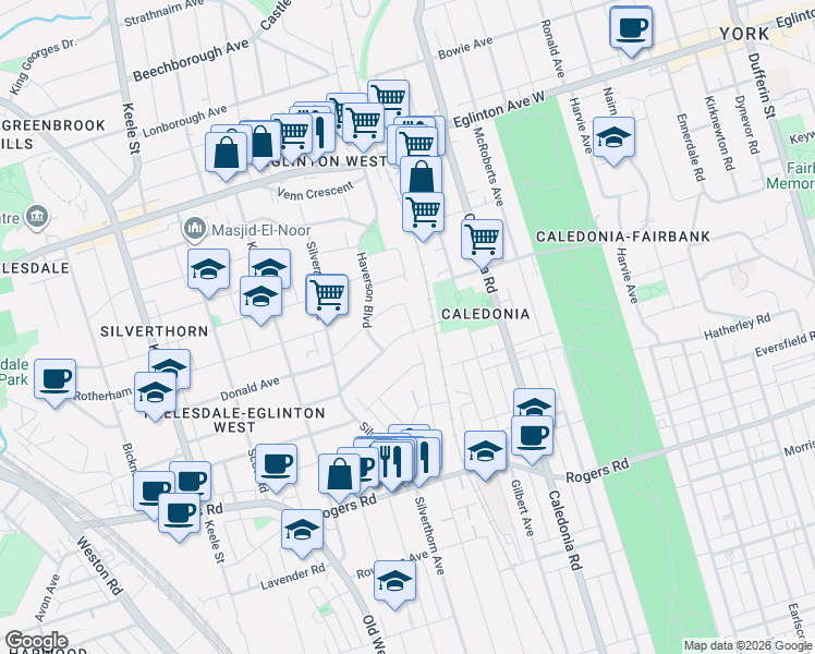 map of restaurants, bars, coffee shops, grocery stores, and more near 18 Dunraven Drive in Toronto