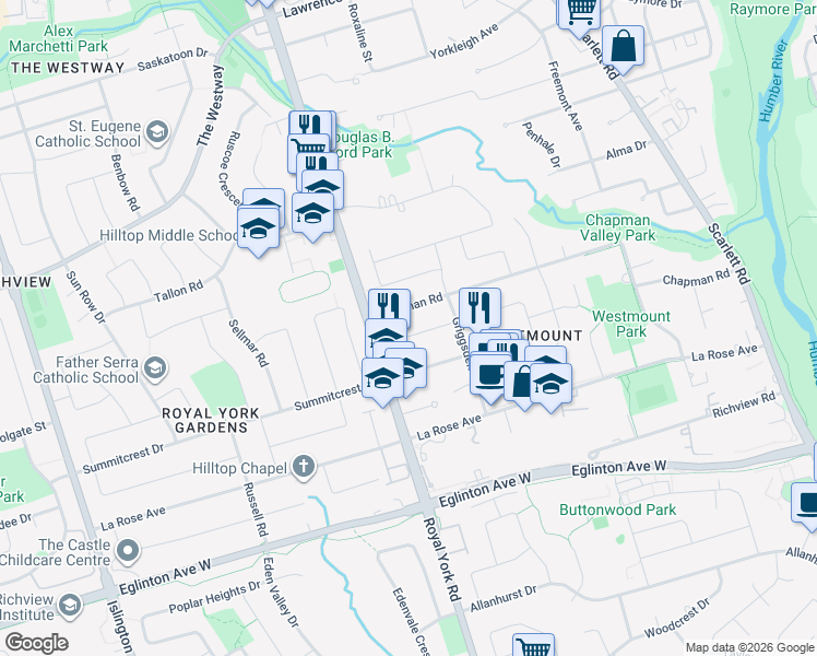 map of restaurants, bars, coffee shops, grocery stores, and more near 101 Renault Crescent in Toronto