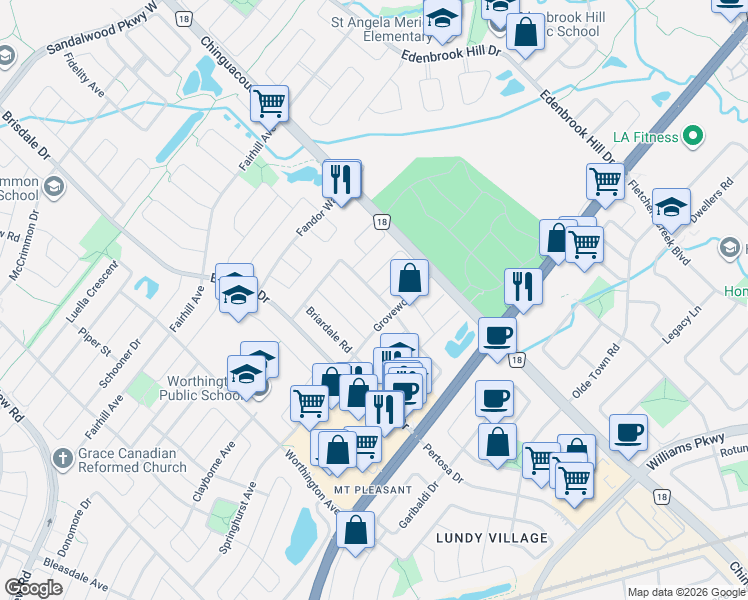 map of restaurants, bars, coffee shops, grocery stores, and more near 12 Linderwood Drive in Brampton