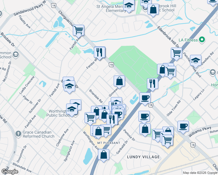 map of restaurants, bars, coffee shops, grocery stores, and more near 12 Linderwood Drive in Brampton